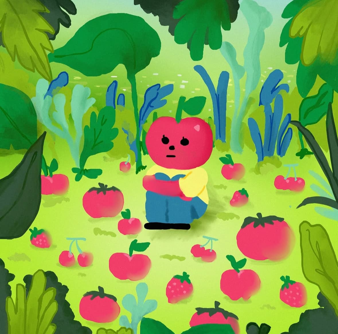 Sagwa sitting hugging their knees in a lush green garden of leaves, surrounded by apples, tomatoes, cherries and strawberries.