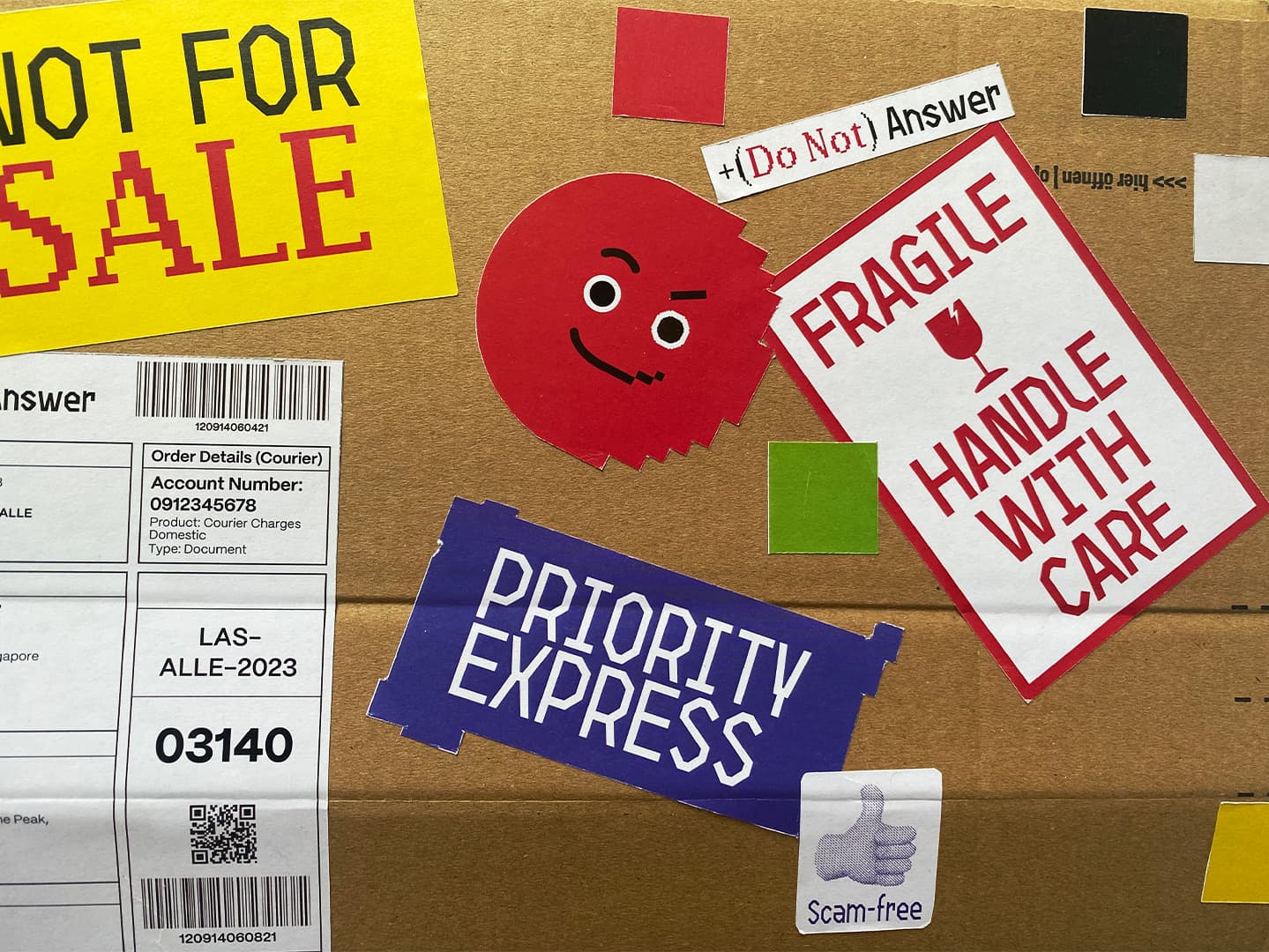 A cardboard parcel covered in +(Do Not) Answer stickers: Fragile, Priority Express, Not for Sale